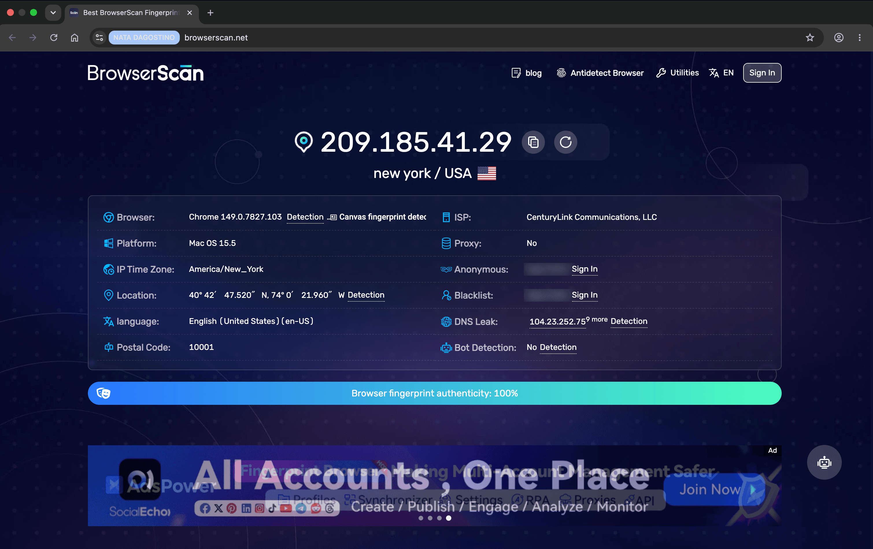 Original BrowserScan result showing 100% browser fingerprint authenticity and No Detection