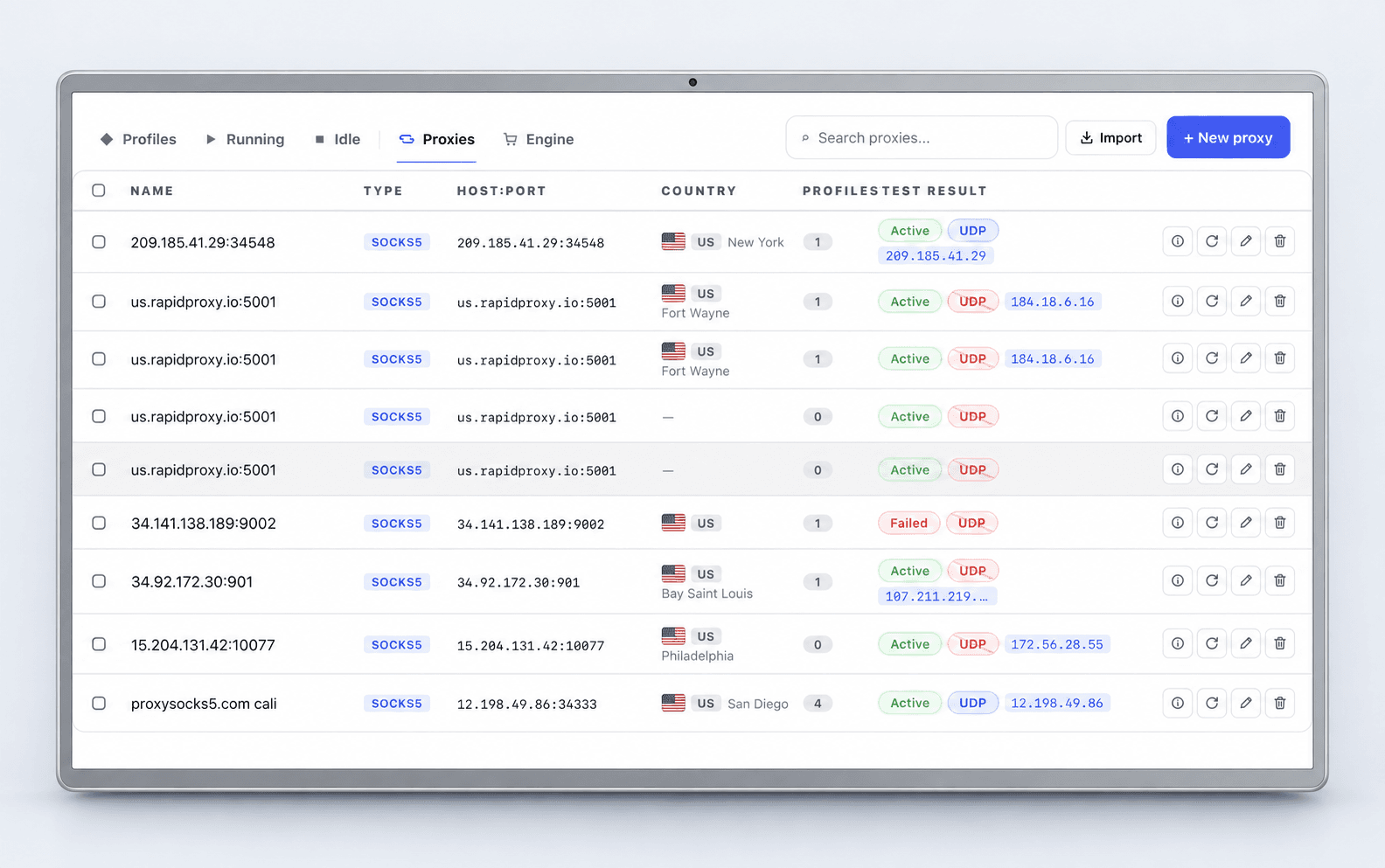 Real proxy manager showing both successful and unsuccessful UDP checks